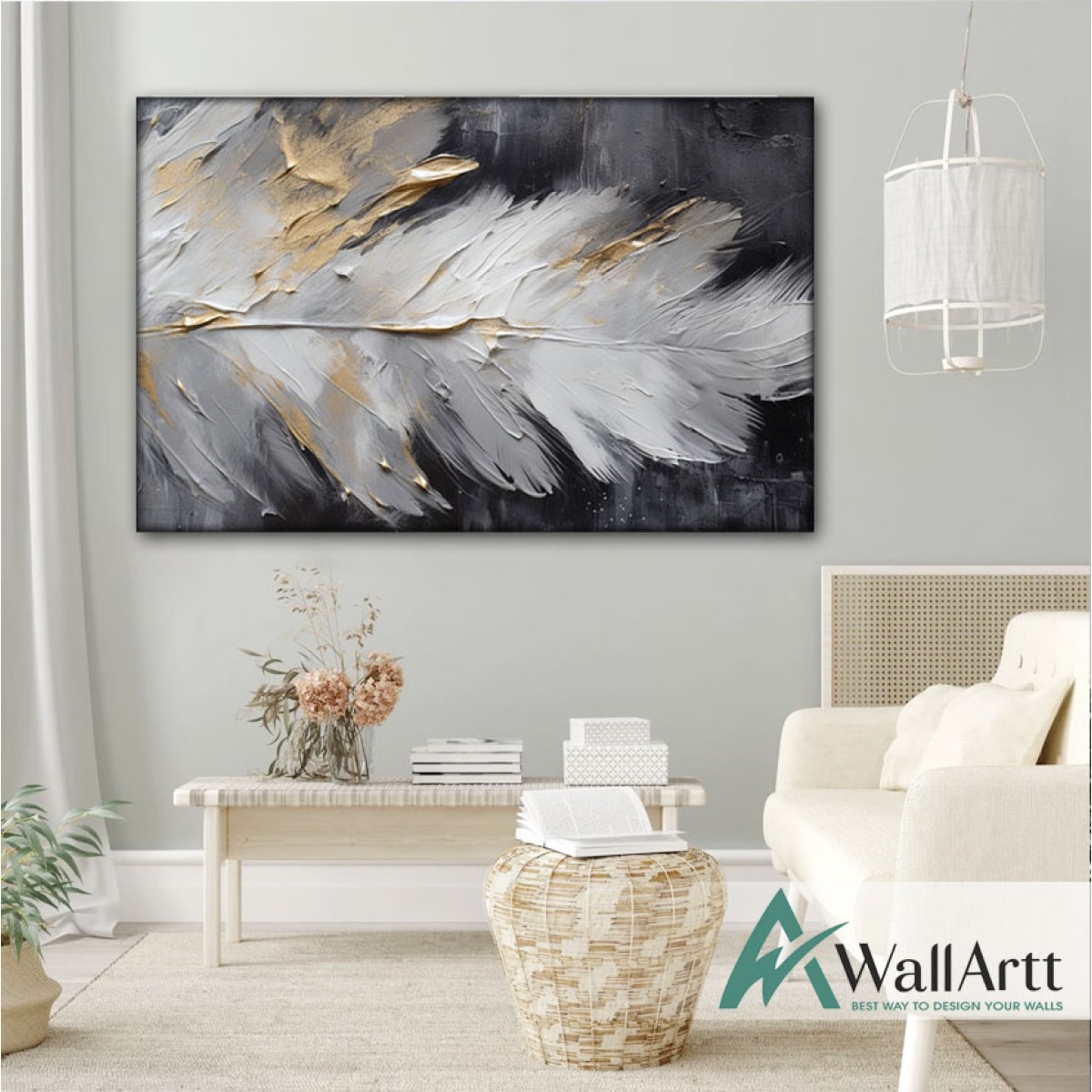 White Beige Feather 3D Heavy Textured Partial Oil Painting